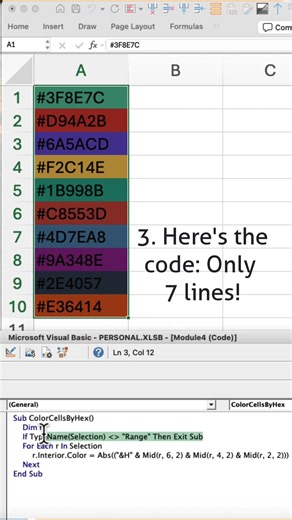 Easy VBA Code to Color Your Excel Cells Automatically! #excel #vbacode #colors #hexly