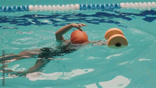 Child learning to swim in indoor pool using foam dumbbells, kids swimming lesson with flotation equipment, healthy sport activity and early water training concept