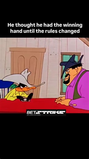 GamblersRoom on Instagram: "In this classic Looney Tunes scene, a confident Daffy Duck (dressed as a cowboy) thinks he’s pulled off the ultimate win in a high-stakes card game. Boasting an impossible "royal straight flush full house," he’s quickly humbled when his opponent reveals a "three of clubs" in the most literal—and painful—way possible. ​#LooneyTunes #DaffyDuck #ClassicCartoons #Nostalgia #CartoonHumor #Animation #FunnyMoments #RetroCartoons #ChildhoodMemories #ComedyReels"
