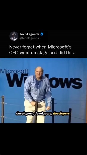 Tech Legends on Instagram: "This looks unhinged until you understand what Microsoft was fighting for at the time. In the early 2000s, Microsoft was trying to defend their entire platform. Linux was rising, antitrust pressure was mounting, and the real risk wasn’t losing users, it was losing developers. No developers meant fewer apps, weaker ecosystems, and eventually, a shrinking moat. Ballmer’s infamous “developers” chant was a reminder that platforms win because builders choose to commit their