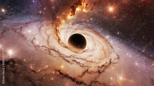 Sweeping drone simulation view flying toward the dark center of a swirling spiral galaxy core containing a powerful black hole vortex exploration, dark energy, cosmology