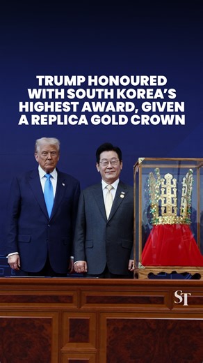 109K views · 1K reactions | US President Donald Trump was honoured with South Korea's highest award, the Grand Order of Mugunghwa, and a replica gold crown representing peace on the Korean Peninsula. | The Straits Times | Facebook