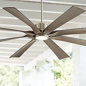 Possini Euro Design 70" Defender Modern Large Outdoor Ceiling Fan with LED Light Remote Control Brushed Nickel Weathered Oak Blades Dimmable Damp Rated for Patio Exterior Roof Porch Gazebo Barn
