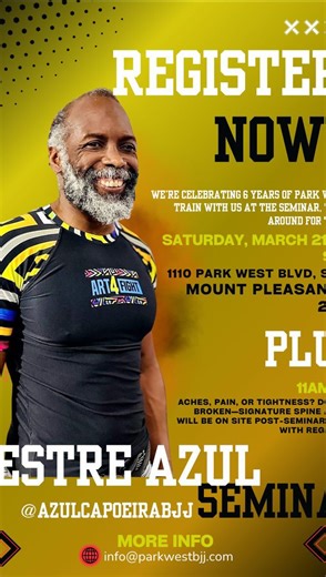 Park West Brazilian Jiu-Jitsu on Instagram: "🗓️On March 21st, Park West Jiu-Jitsu will be celebrating its 6th anniversary, and to mark this special occasion, we are bringing Professor @azulcapoeirabjj for an exclusive seminar. 🔊This seminar is open to all academies and fight enthusiasts. ⚡️There will be free sparring after the seminar. 🥋During the event, he will blend Brazilian Jiu-Jitsu and Capoeira into one unique style, combining technique, movement, and art. ✅We will also provide a light 