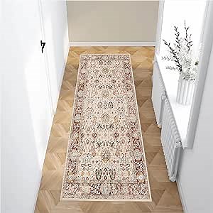 Machine Washable Runner Rug for Hallway 2x6, Bedroom Boho Ruggable Rug with Rubber Non-Slip Backing, Fade Resistant Faux Wool Rug, Foldable Beige Soft Carpet