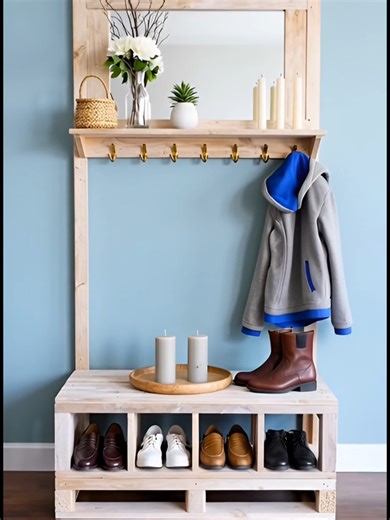 Custom-made / DIY Hall Tree / Awe-Inspiring DIY Projects with Shipping Pallets / Hallway Furniture Set #diy #pallet #pallets #diypallet #wooden #woodenpallet #woodenfurniture #woodenbed #woodenhouse #woodart #woodwork #woodworking #woodworker #diygarden #gardenhacks #gardendesign #playhouse #pergola #gazebo #palletfurniture Mondeer Hallway Furniture Set: A minimalist 3-in-1 set including a coat rack, wall mirror, and shoe bench in grey and natural wood. Cheshire Whitewash Oak Hall Tree: A premiu