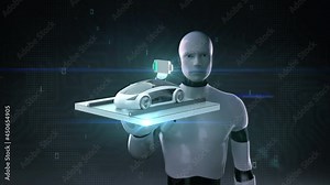 When the robot touches the front, Electric vehicle charging the battery. Electronic, lithium battery echo car. Eco-friendly future car. 4k animation.1.