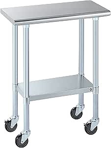 ROCKPOINT Stainless Steel Table for Prep & Work with Caster Wheels 14x30 Inches, NSF Metal Commercial Kitchen Heavy Duty Table with Adjustable Under Shelf and Table Foot for Restaurant, Home and Hotel