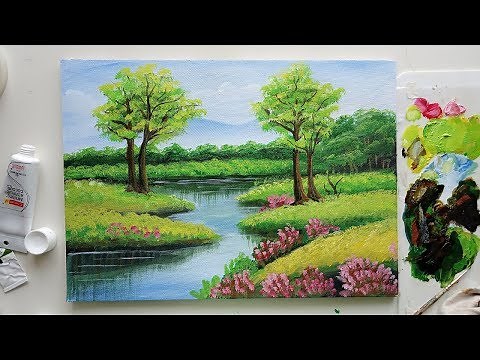 Trees in a Beautiful Landscape | Easy Landscape Painting | Acrylic Painting