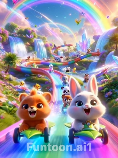 Cute Animals having fun and playing in Turbo Rainbow Waterfall Garden with their friends including bunny, panda, fox, dog, elephant, bear, giraffe, monkey, raccoon and other animals enjoying on nursery rhymes | Part 110 #kids #kidssong #kidsfun #cartoonvideo #kidscartoon