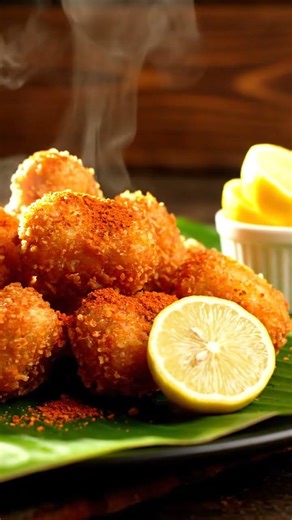 Golden Fried Chicken Nuggets on Banana Leaf with Chaat Masala and Lemon Wedges – Rustic Indian