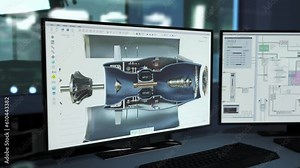 Computer Screen Displays Machinery Engineering Program Designing Turbine Mechanisms. Computer Assisted Engineering. Machinery Manufacturing. 3D CAD Computer Software For Machinery Engineering