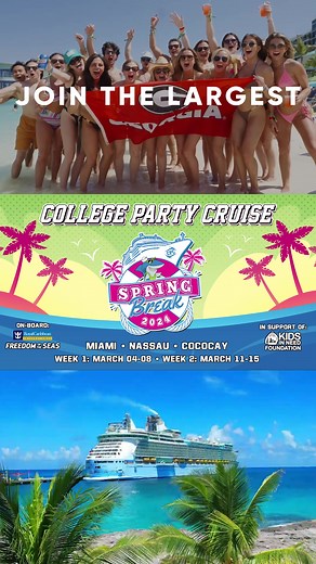 Get Ready for the ultimate Spring Break with College Party Cruise! 🛳⚓️🏝 Join the biggest group of Spring Breakers at sea for our 8th annual cruise. Luxurious cruise ship accommodations, unlimited mouthwatering food, exclusive parties, exotic destinations, dazzling entertainment, thrilling activities, and so much more, all included! 🔥 Sailing from Miami to Nassau and Cococay, Bahamas aboard Royal Caribbean’s Freedom of the Seas. This mega-ship offers everything you could dream of, From incredi