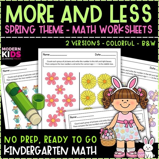 Spring Count & Write MORE or LESS Worksheets | Kindergarten Math Activities | Autism Learning (digital Download) - Etsy