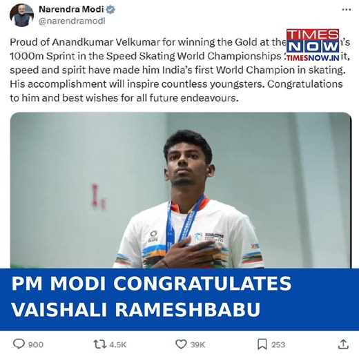 PM Modi 'Proud' Of Anandkumar Velkumar On Winning Gold In World Speed Skating 1000m Sprint #pmmodi #narendramodi #anandkumarvelkumar #worldchampion | TIMES NOW