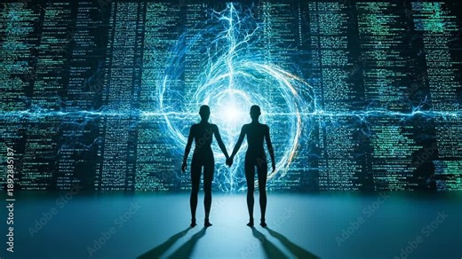 Couple hold hand facing digital portal. Silhouette figures stand before data wall. Connection and technology theme visible. Future concept of unity and pair shown. Scene shows human bond in network.