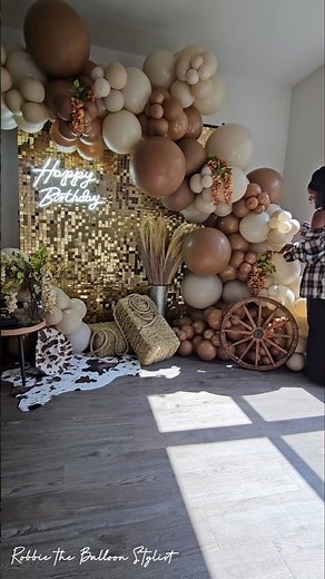 Luxury Western Birthday Balloon Backdrop | Gold Shimmer Wall + Organic Garland