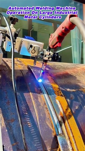 Automated Welding Machine Operation On Large Industrial Metal Cylinders