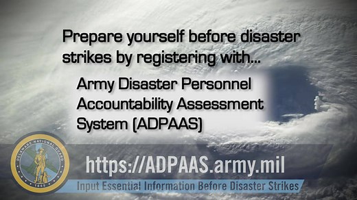 Be Ready. Be Accounted for. The ADPAAS system enables the Army to assess disaster-related needs. ADPAAS ensures contact is maintained with Army personnel and Family members to guarantee that the required assistance is provided. https://www.de.ng.mil/MEDIA/NEWS-ARTICLES/Article/2128168/adpaas-accounts-for-people-not-just-numbers/ #COVID19 // #ADPAAS | Delaware National Guard