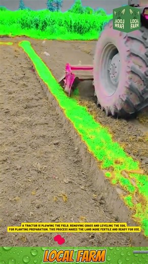 A tractor is plowing the field, removing grass and leveling the soil for planting preparation