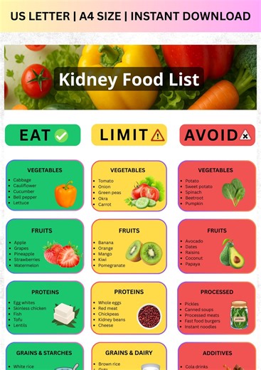 Kidney Food List PDF, Renal Diet Chart, Low Sodium Low Potassium Foods, CKD Grocery List A4 & US Letter, Kidney Disease Meal Planner - Etsy Canada