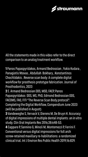 Save 40% Chairtime with the New Straumann® RevEX™ Scanbody Discover the new Straumann® RevEX™ scanbody: digital, comfortable, and simple. It helps you reduce the number of visits by 40% (1,2) and is the key to a fully digital workflow for the final full-arch restoration. Comment "REVEX" for any questions. Panos Papaspyridakos, Armand Bedrossian, Yukio Kudara, Panagiotis Ntovas, Abdullah Bokhary, Konstantinos Chochlidakis. """"""""Reverse scan body: A complete digital workflow for prosthesis prot