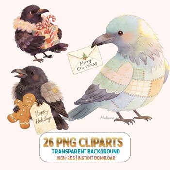 Raven Christmas Delivery Clipart Set – 26 Transparent PNGs,