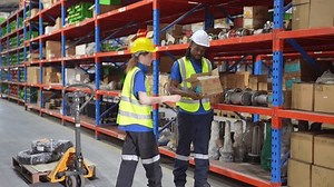 Warehouse Industrial supply chain and Logistics Companies inside. Warehouse workers checking the inventory. Products on inventory shelves storage.