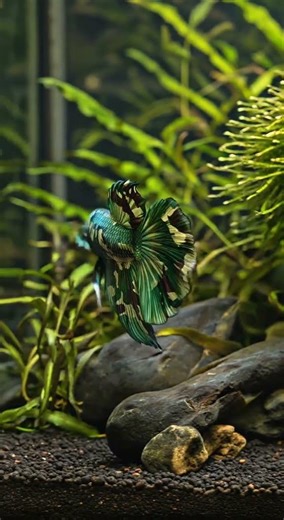 Betta Fish Loreng TNI AD di Aquascape Hutan Rimba Tropis