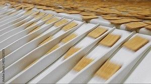 Industrial cracker production line with conveyor belt at food factory.