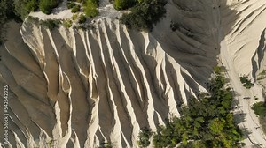 Limestone quarry, aerial view of the canyon-like mine. Abandoned quarry for extraction of limestone. People walking inside the canyon. Aerial Rummu quarry. Aerial view of the limestone mine