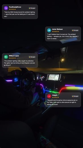 We've done enough of these to know exactly what your car needs. OEM-style ambient lighting — seamlessly integrated, no wires showing, no cheap kits. Just results our customers brag about. DM