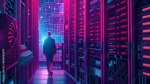 Man Working in a Server Room, Design a visually striking artwork that showcases the efficiency and reliability of network-attached storage