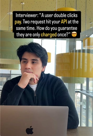 This is a classic payment system interview question. The guarantee has to come from the backend. Here’s how I’d answer: 👉 I’d handle it in layers. On the frontend, I’d disable the Pay button after the first click to prevent obvious double submits. 👉 On the backend, I’d use an idempotency key for the payment attempt. The first request creates the charge and stores the result. If the same request comes in again with the same key, the backend returns the original result instead of charging again.