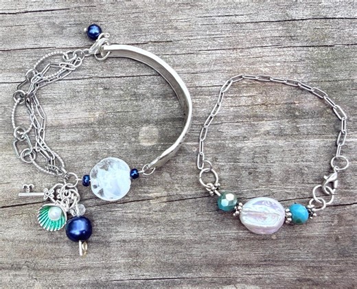Upcycled Silverware Charm Bracelet Stack, Baroque Pearl Turquoise Ocean Jewelry - Etsy