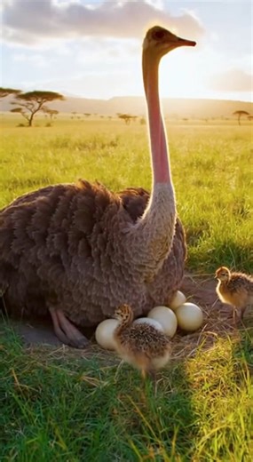 An adult ostrich lays an egg surrounded by several other eggs and curious young chicks. Other adult ostriches keep watch nearby, protecting their family while the chicks explore their surroundings. #Ostrich #Wildlife #AnimalFamily #Chicks #SafariPark #NatureShorts #WildlifeShorts #birds | Wild Zone