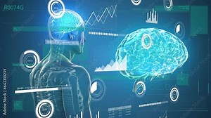 Animation of graphs, loading circles and bars over human body and brain over blue background