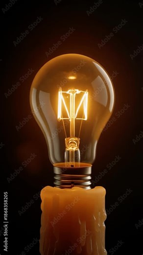 Candle flame transforming into a bright electric light bulb then fading back to a candle, concept of light evolution, 4K loop.