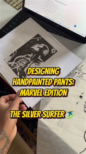Gizelle on Instagram: "Hand-painted The Silver Surfer on a pair of thrifted relaxed fit, Eddie Bauer chinos. 7 hours total #thrift #handpainted #custompants #artist #marvel"
