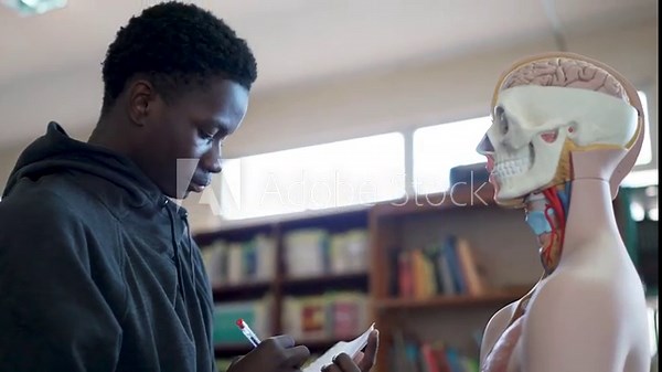 Young African American male student taking notes while studying a human anatomy model in a classroom library