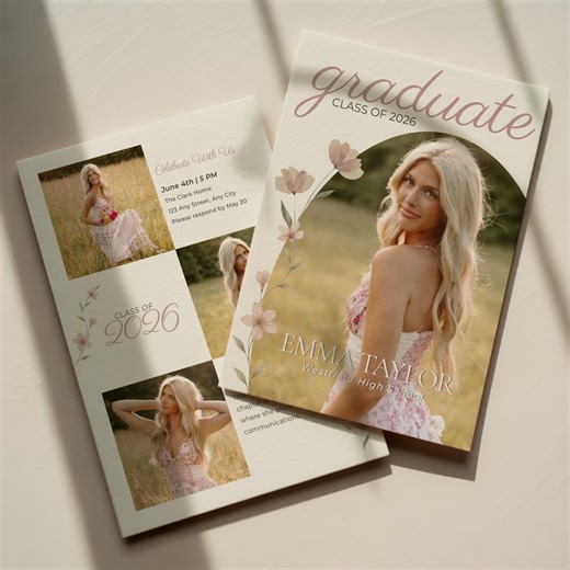Floral Graduation Announcement Template | Class of 2026 Senior Girl Photo Card | Editable Canva Grad Invite With Front & Back Options - Etsy