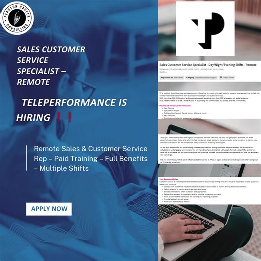 Sales Customer Service Specialist – Remote (Day/Night/Evening Shifts) 📌 Teleperformance (TP) is HIRING ❗ ❗ 📍 Remote – Select U.S. States 💼 Full-Time | Multiple Shifts Available 💰 Competitive Wages (Paid Training Full Benefits) 📩 Apply Here: https://www.patreon.com/posts/sales-customer-152151927?utm_medium=clipboard_copy&utm_source=copyLink&utm_campaign=postshare_creator&utm_content=join_link