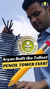 12K views · 30 reactions | The Guinness World Record for the tallest tower of pencils is 4.02 meters (13 feet 18 inches) tall, built by Aryan Sharma. This record was achieved on April 21, 2025. . . Video credit : @guinnessworldrecords . . #GuinnessWorldRecord #guinessbook #trending #trendingreels #students #penciltower #sof #scieneolympiadfoundation | Science Olympiad Foundation | Facebook