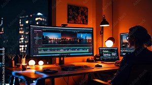Woman editing a cityscape video with a large screen monitor and a laptop.