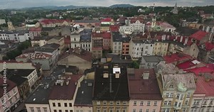 Historic city in Central Europe, adorned with old tenements. Bird's-eye view captured in 4K.