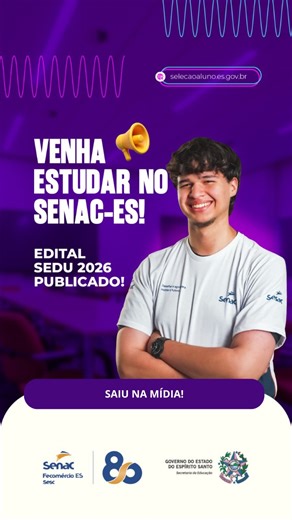 Senac Espírito Santo on Instagram: "#SaiuNaMídia: mais de mil vagas GRATUITAS no Senac-ES! 📺 O Senac-ES foi destaque no Bom Dia ES, da TV Gazeta, ao divulgar a abertura de 1.182 vagas gratuitas em cursos técnicos para estudantes da rede pública estadual, em parceria com a Secretaria da Educação (Sedu). As oportunidades estão distribuídas nas 13 unidades do Senac-ES, de Norte a Sul do Espírito Santo. Durante a reportagem, a diretora de Educação Profissional do Senac-ES, Dianimer Dutra, explicou