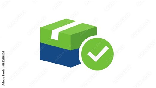 Package Delivered Successfully Icon Animation with Checkmark Sign. Flat design of a parcel box with a green check mark symbol, successful delivery completion. shipping, logistics, or tracking interfa