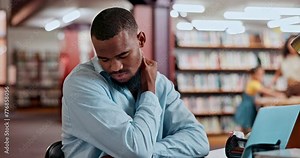 Tired, black man and student in library with pain, fatigue and learning for university education with laptop. Books, research and exhausted person at table for college project with elearning burnout