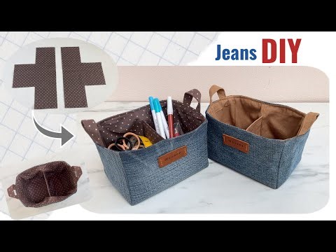 how to sew mini denim compartment basket from scrap old jeans , fabric basket with compartment.