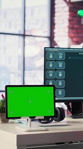 Vertical Woman interacting with intelligent AI chatbot next to mockup display, using innovative system. Machine learning enhances efficiency and communication through advanced algorithms. Camera A.